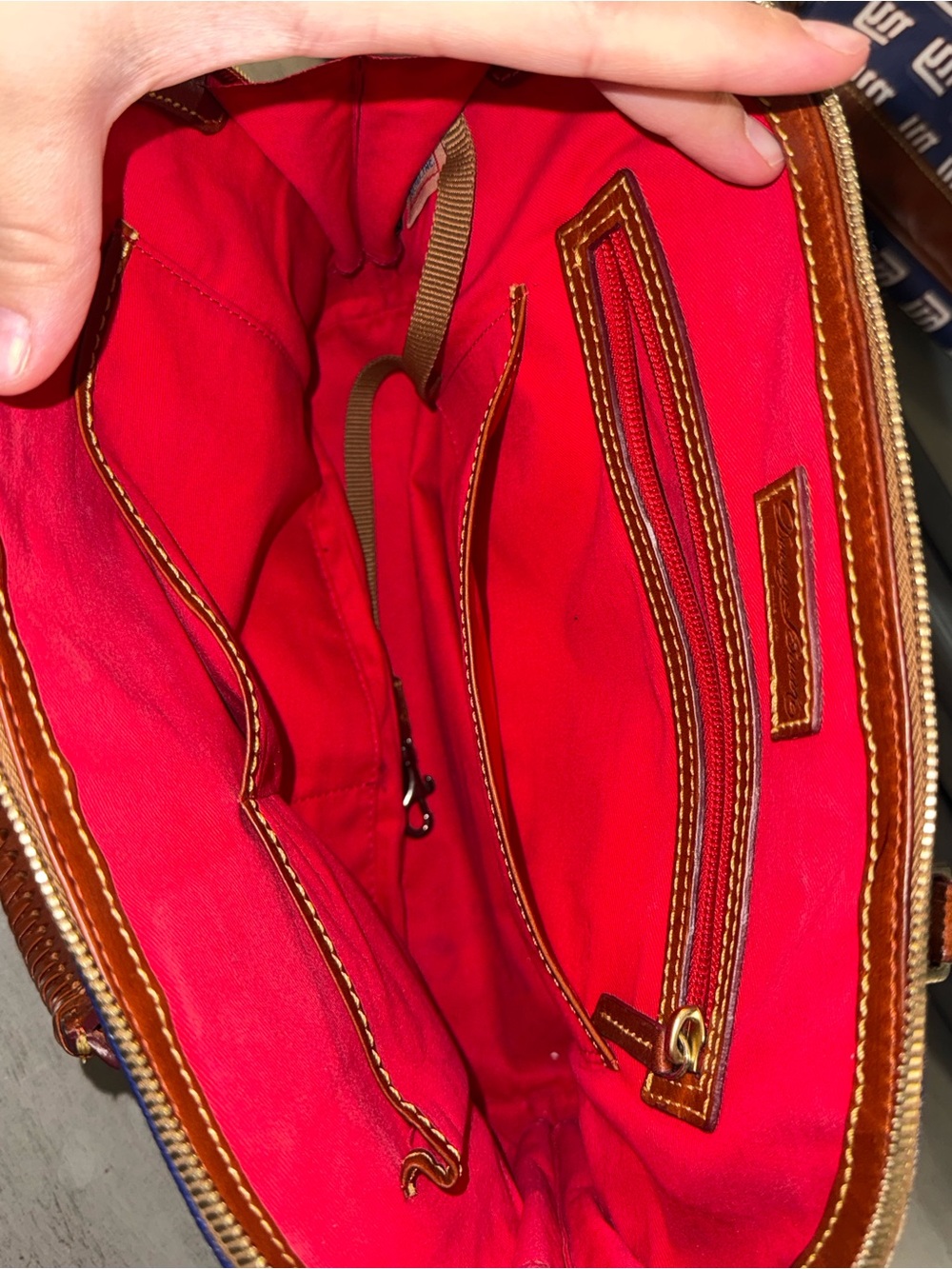 Dooney & Bourke Navy NY Giants Logo Satchel with Brown Trim and Red Interior - Picture 14 of 14